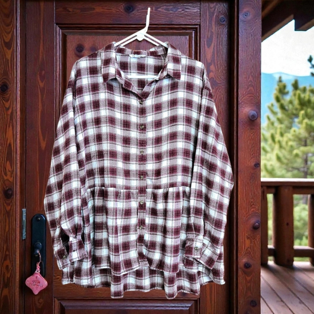 American Eagle Button Up Shirt Red Country Flannel Plaid Oversize 1X Lightweight